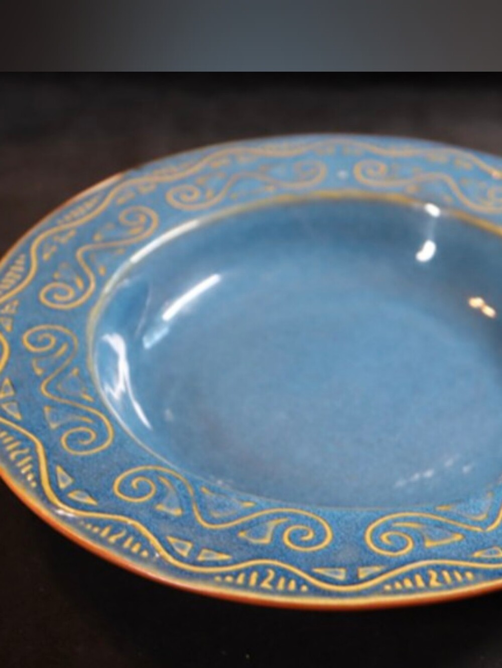 Pier 1 Tunisia Blue with Tan Embossed Scrolls Serving Pasta Salad Bowl 8 ½”